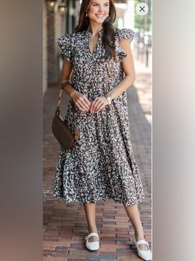 Brown Floral Tiered Midi Dress